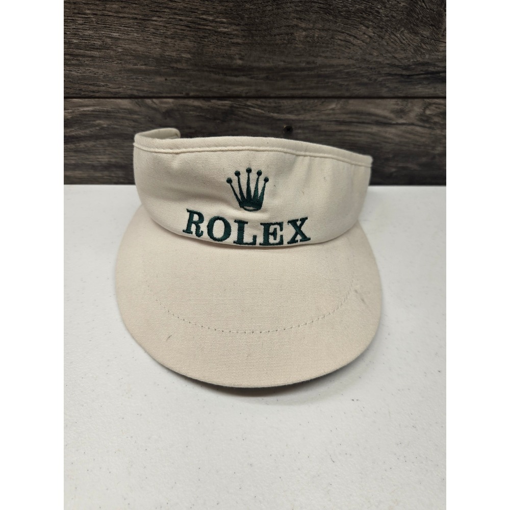 Vintage Rolex Golf Visor Texace Cream Green Logo Made in USA Adjustable Hat